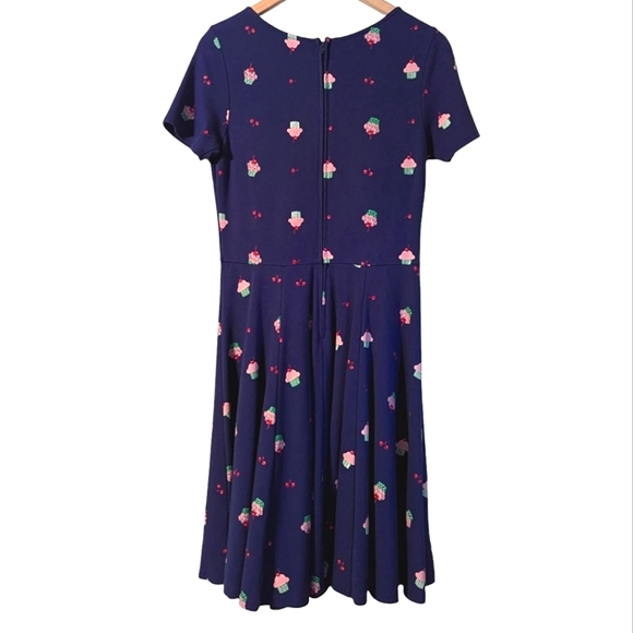 Unique Vintage Cupcake Cherry Short Sleeve Fit And Flare Navy Blue Midi Dress - Picture 2 of 8